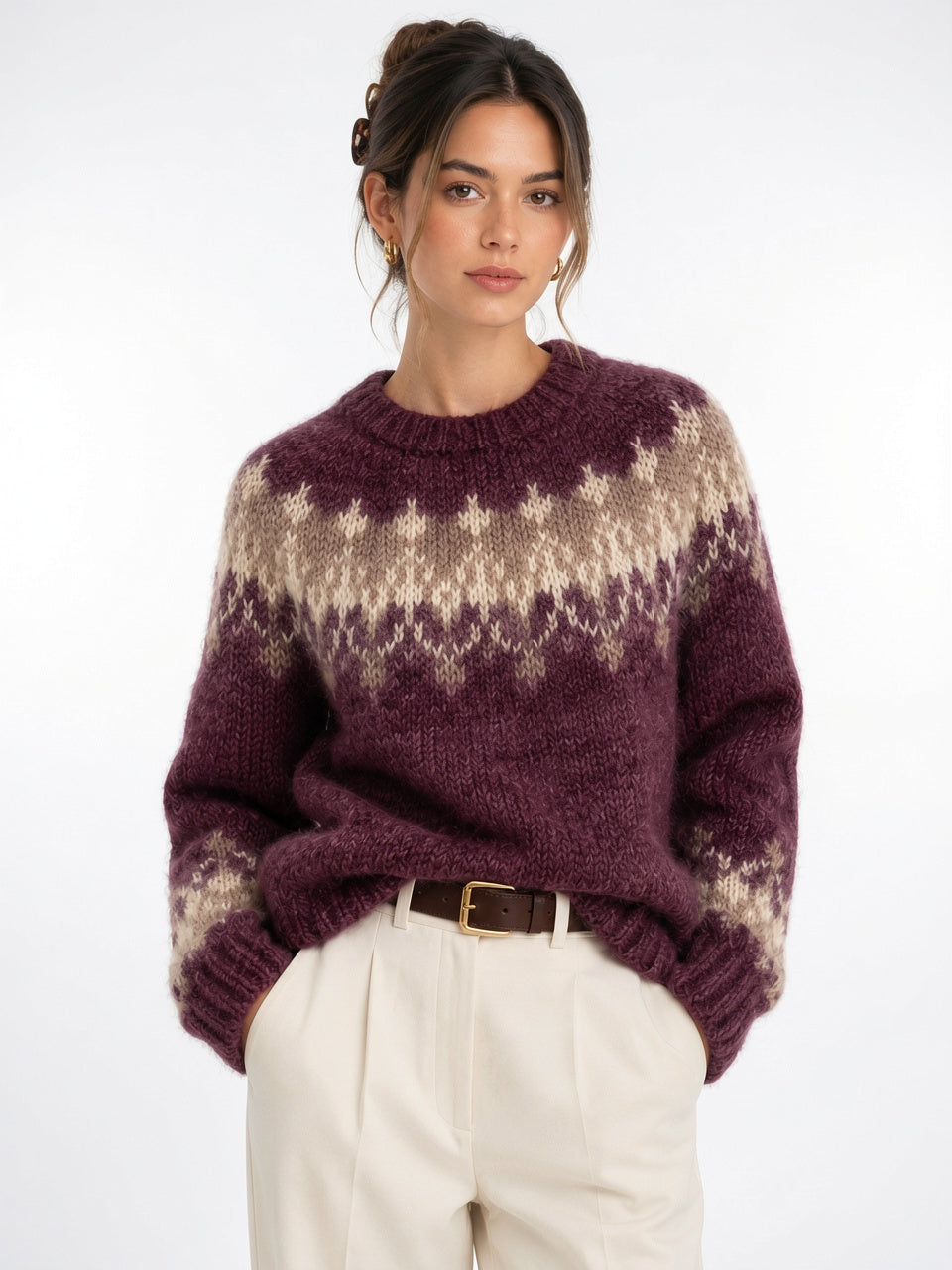 Femme Pull Effet Cachemire Col Rond Léger Chaud - Rouge S