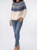 Femme Pull Tricot Nordique Col Rond Hiver - Bleu Clair XS