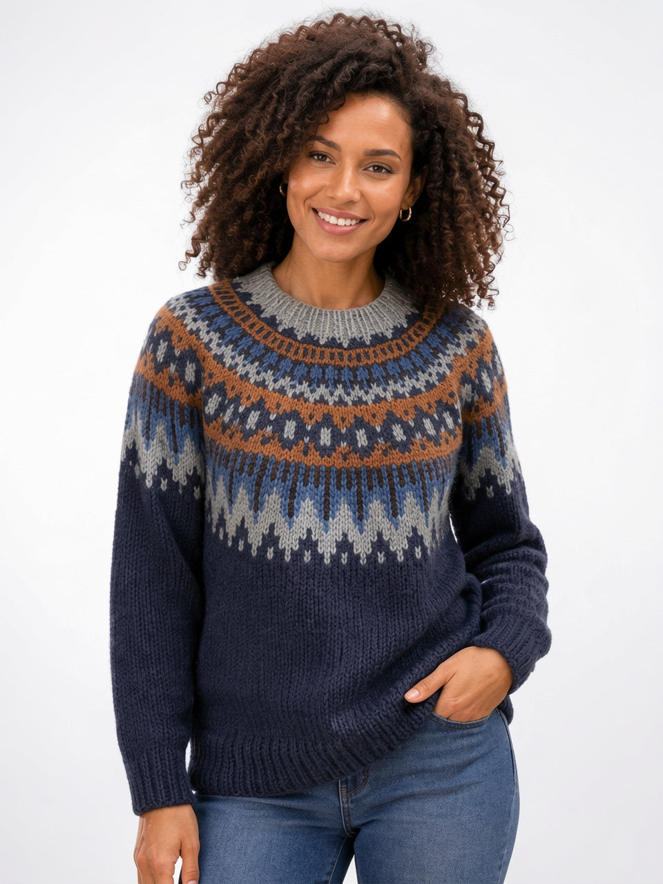 Femme Pull Tricot Nordique Col Rond Hiver - Bleu XS