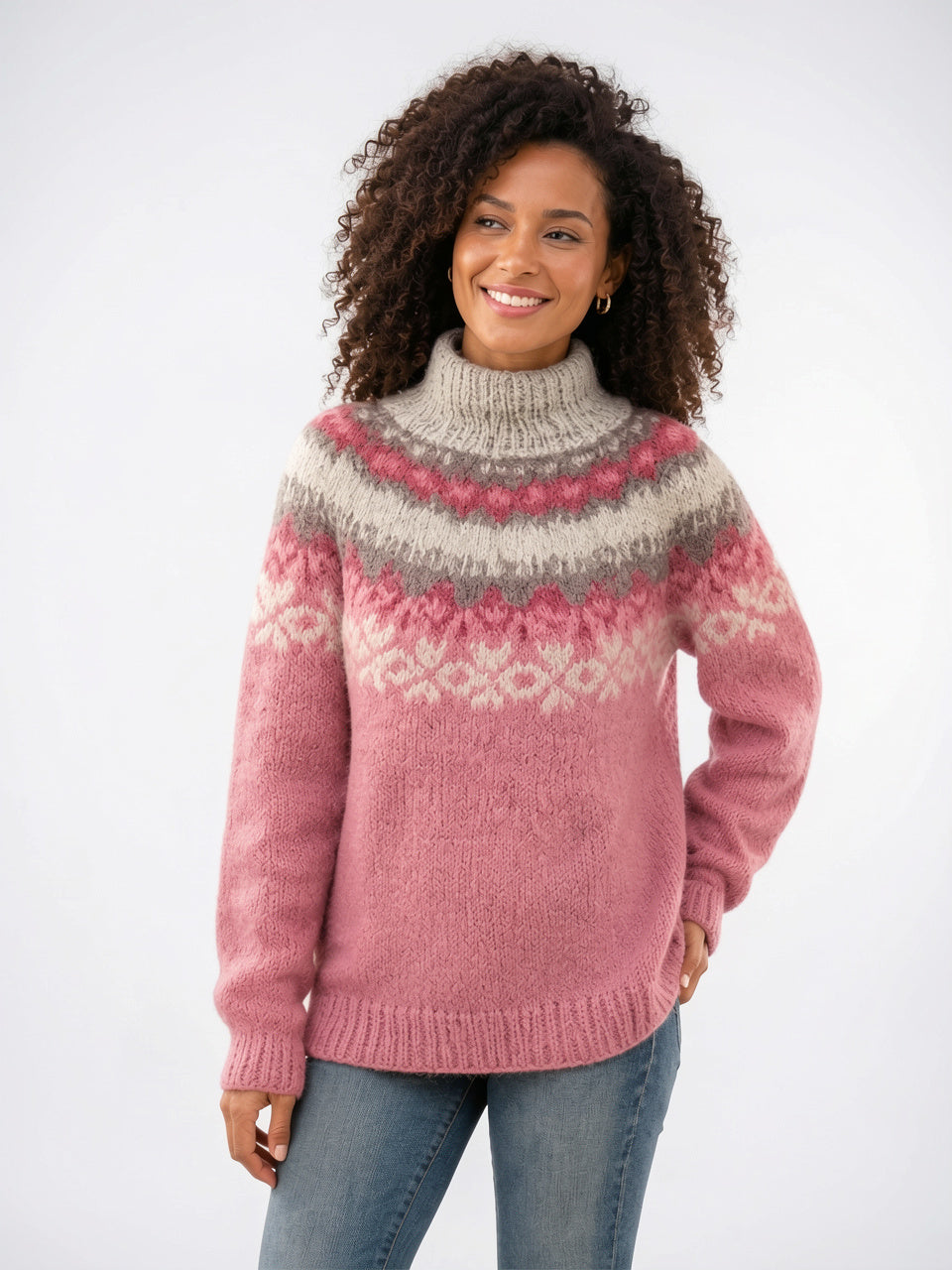 Femme Pull Tricot Nordique Col Rond Hiver - Rose XS