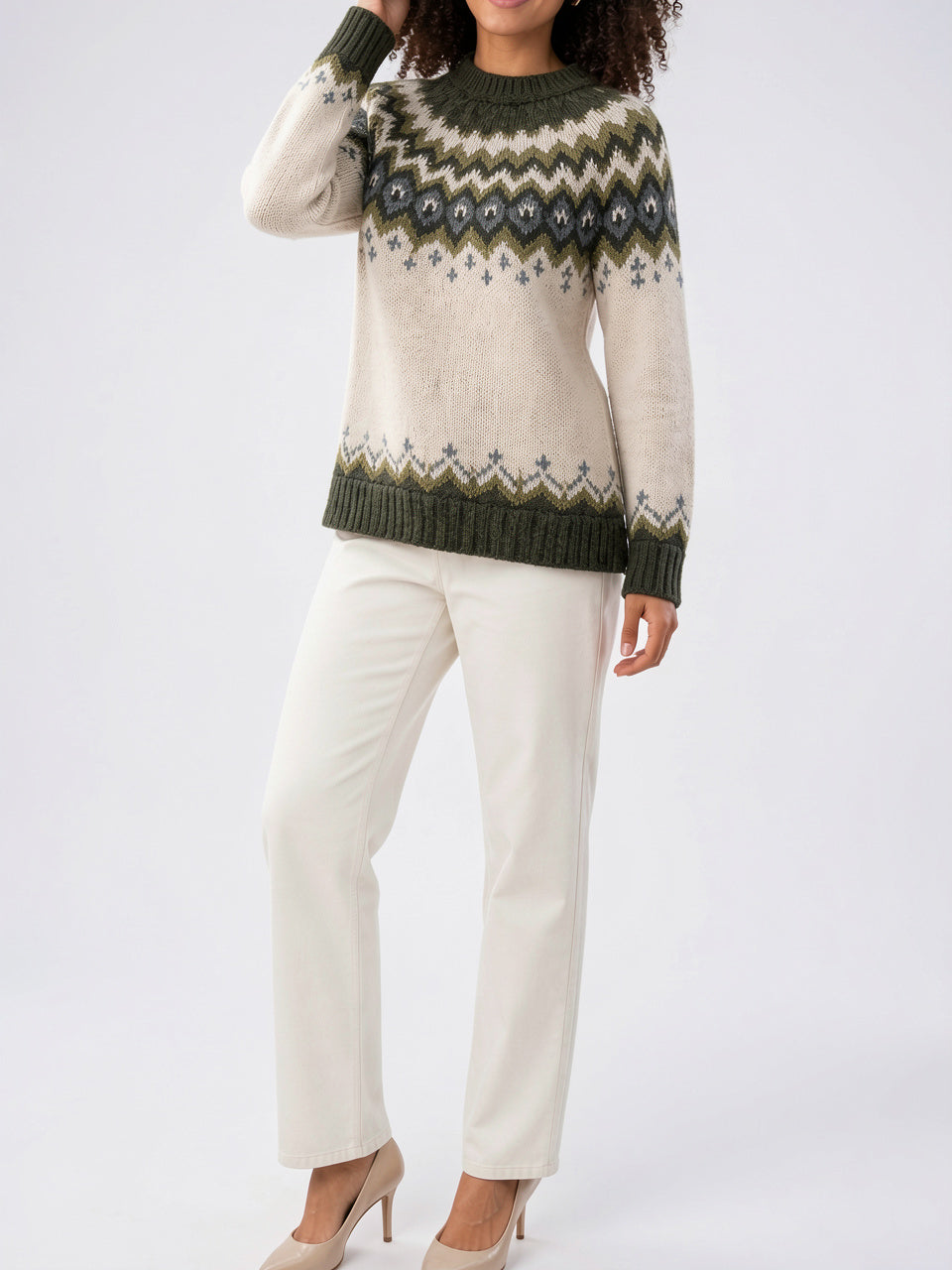 Femme Pull Tricot Nordique Col Rond Hiver - Vert XS