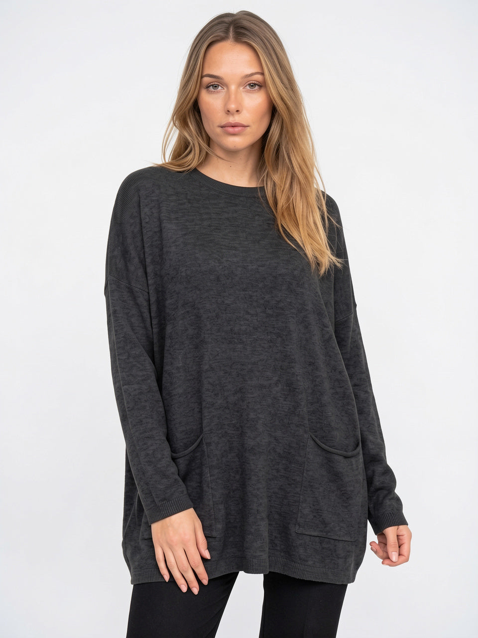Femme Pull Tunique Maille Côtelé Poches Oversize Hiver - 1