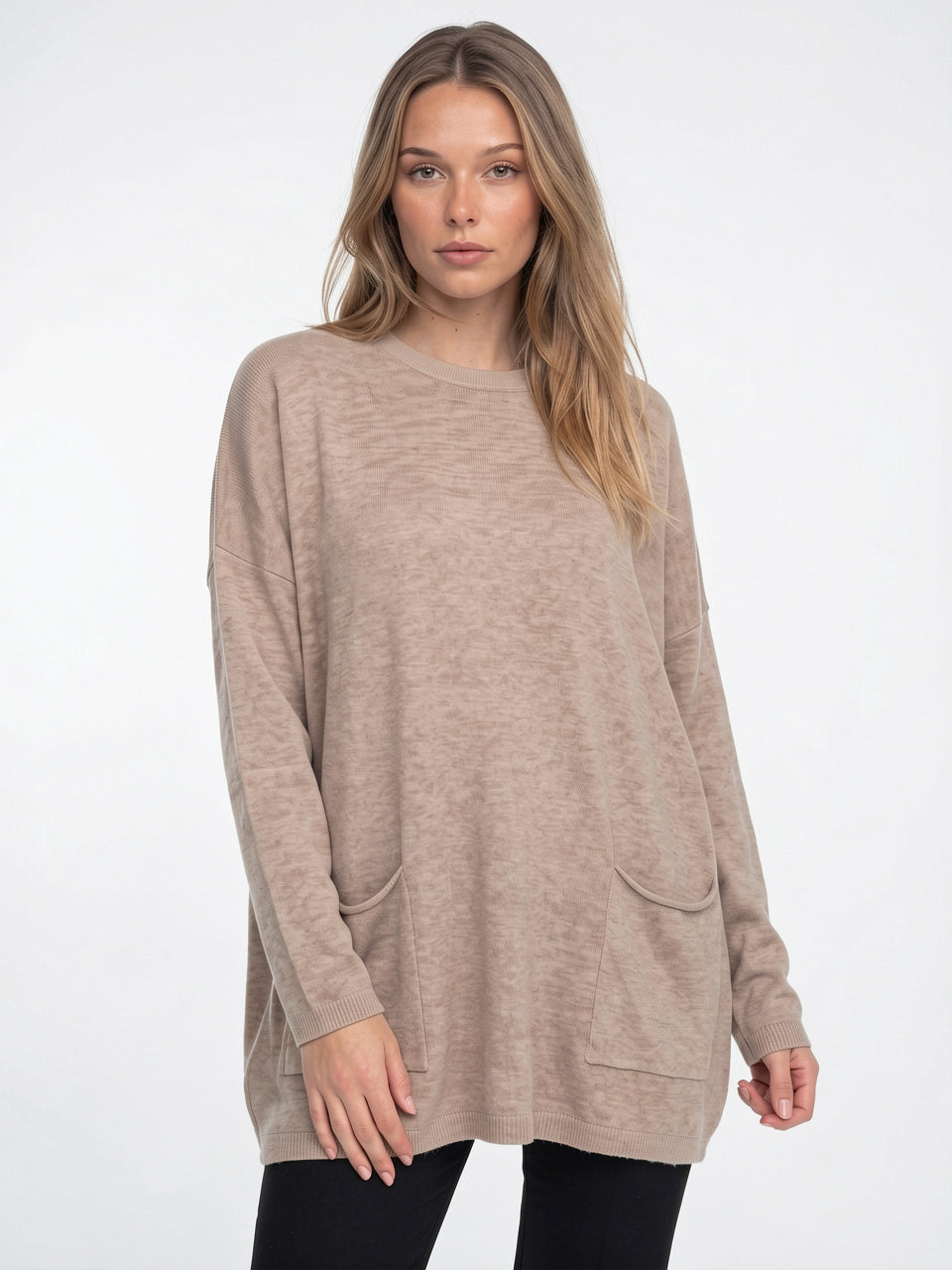 Femme Pull Tunique Maille Côtelé Poches Oversize Hiver - Beige S