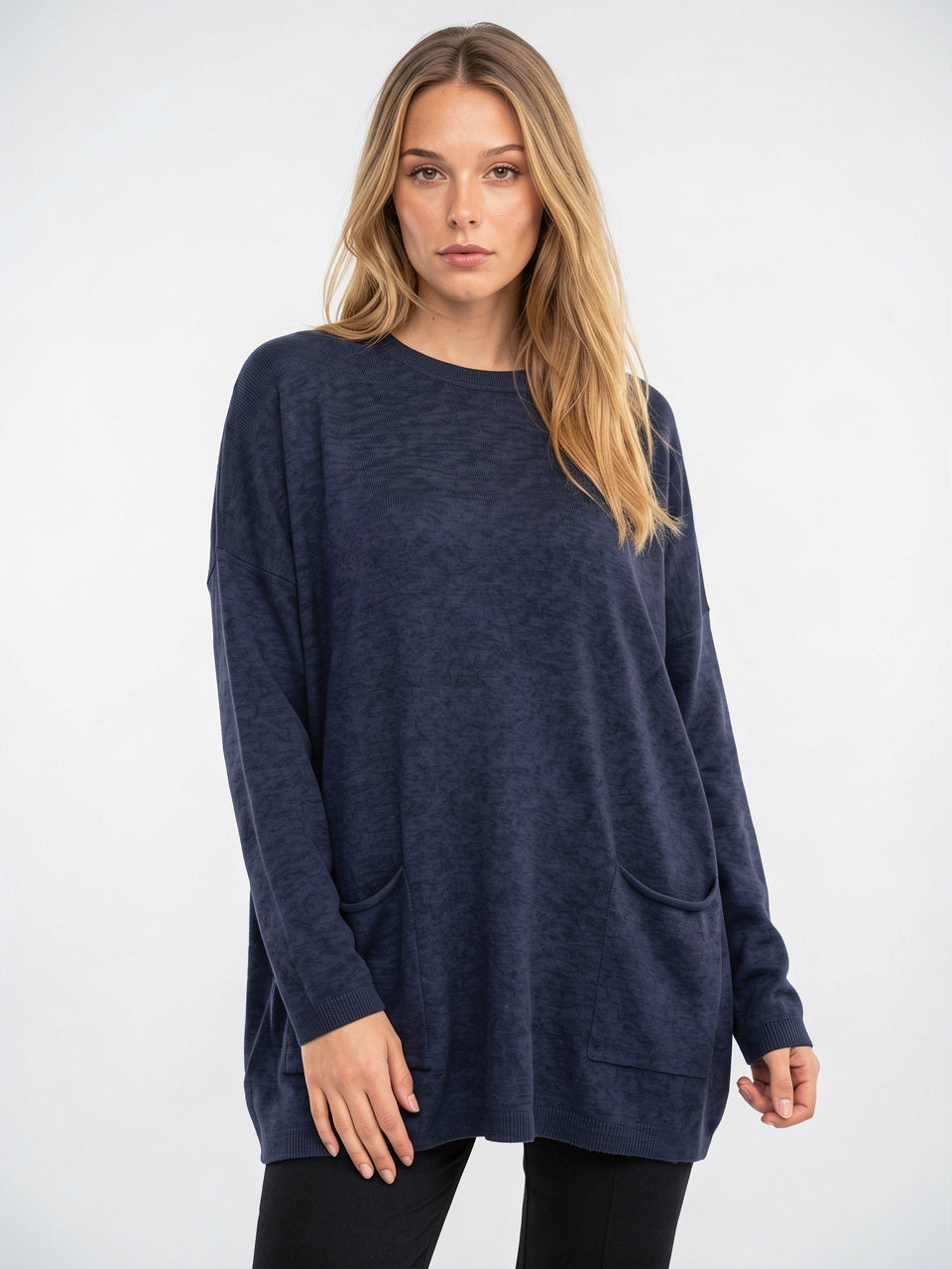 Femme Pull Tunique Maille Côtelé Poches Oversize Hiver - Bleu Marine S