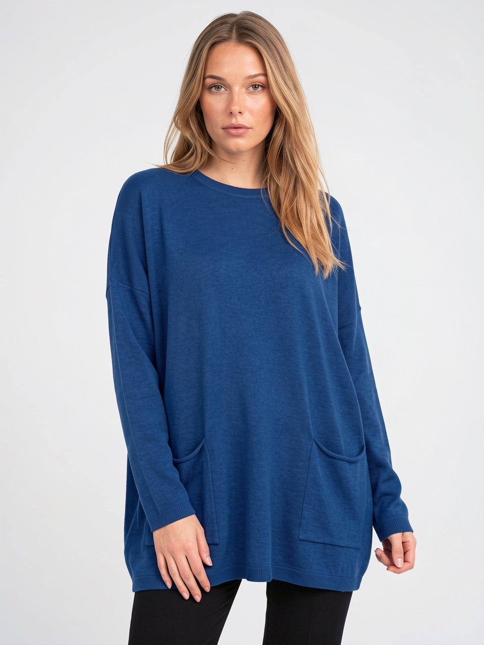 Femme Pull Tunique Maille Côtelé Poches Oversize Hiver - Bleu S