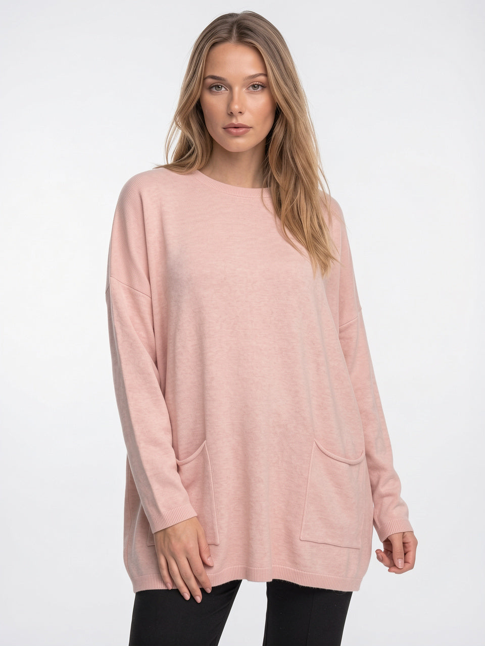 Femme Pull Tunique Maille Côtelé Poches Oversize Hiver - Rose S
