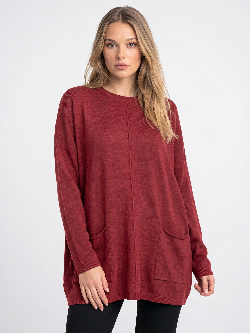 Femme Pull Tunique Maille Côtelé Poches Oversize Hiver - Rouge S