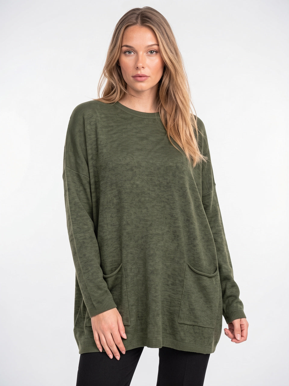Femme Pull Tunique Maille Côtelé Poches Oversize Hiver - Vert Olive S