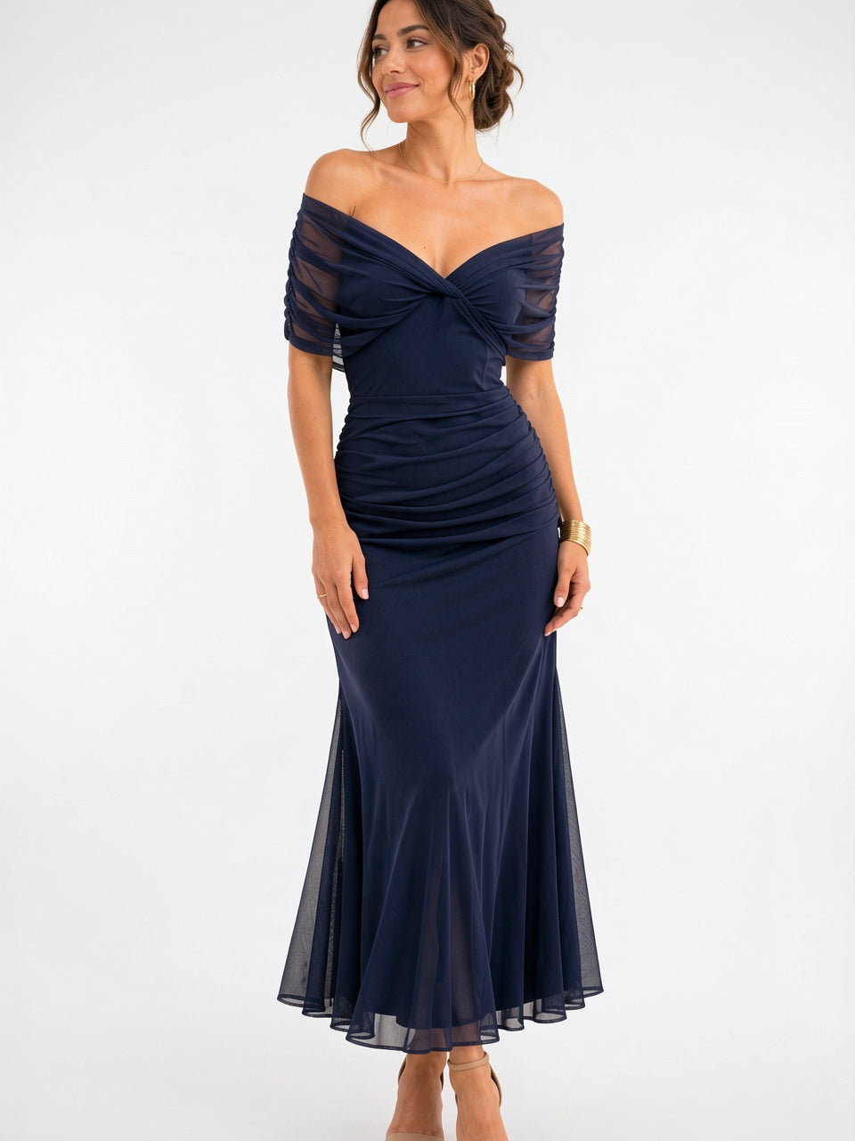 Femme Robe Longue Bardot Drapée Mousseline Soirée - Bleu EU 32 / US 0 / UK 4