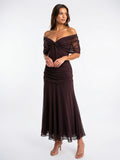Femme Robe Longue Bardot Drapée Mousseline Soirée - Marron EU 32 / US 0 / UK 4