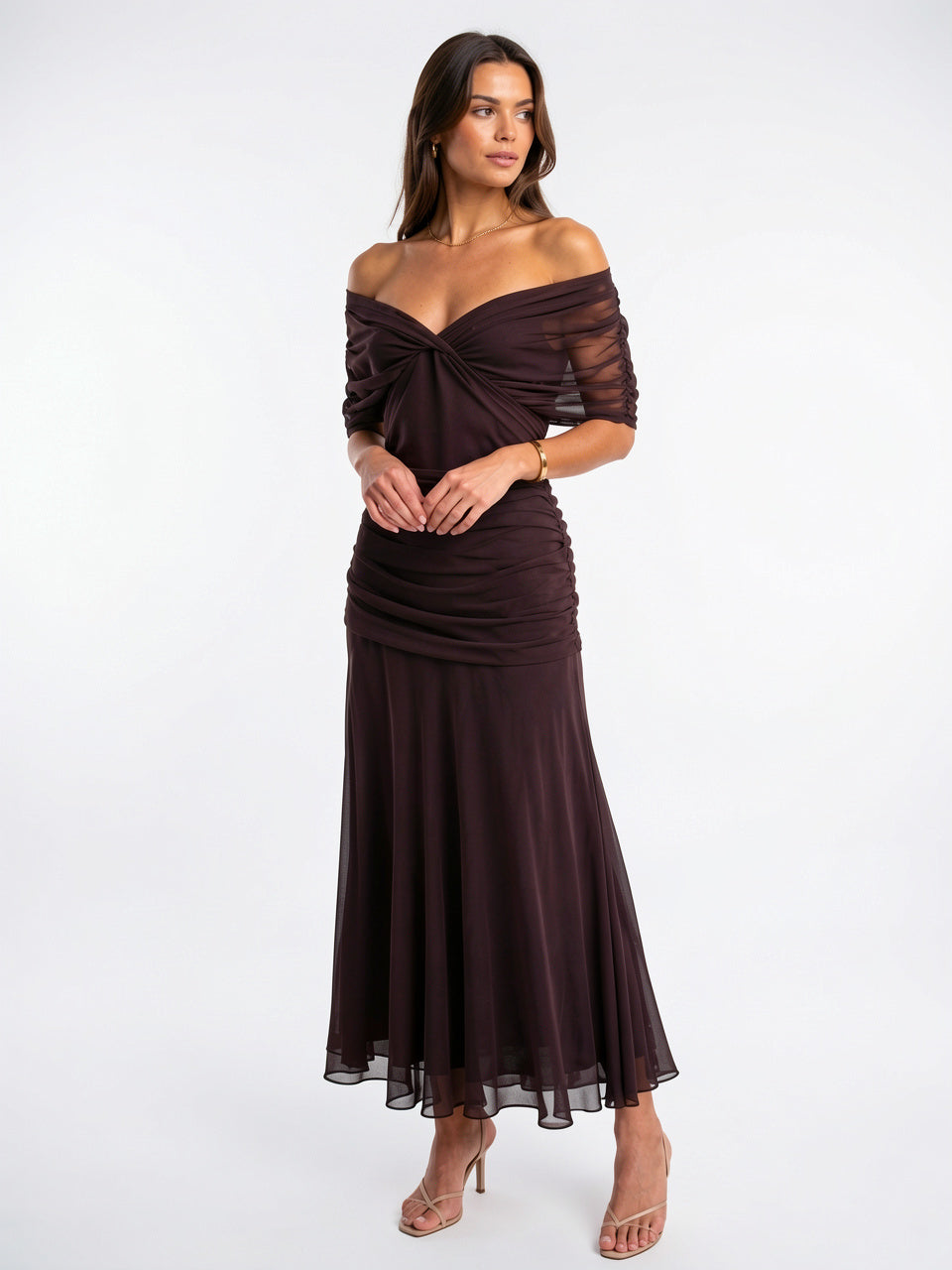 Femme Robe Longue Bardot Drapée Mousseline Soirée - Marron EU 32 / US 0 / UK 4