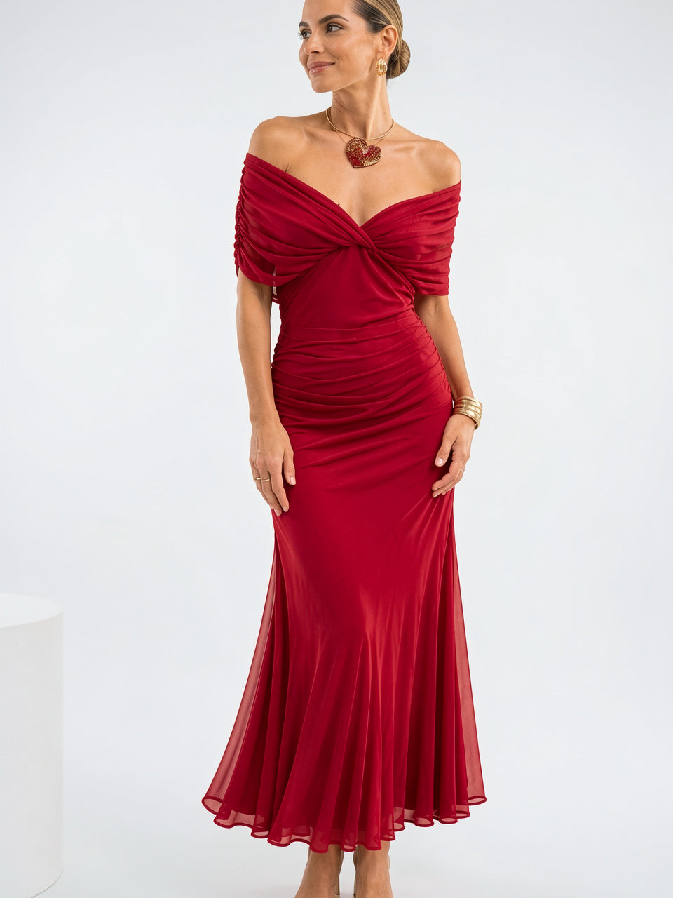Femme Robe Longue Bardot Drapée Mousseline Soirée - Rouge EU 32 / US 0 / UK 4