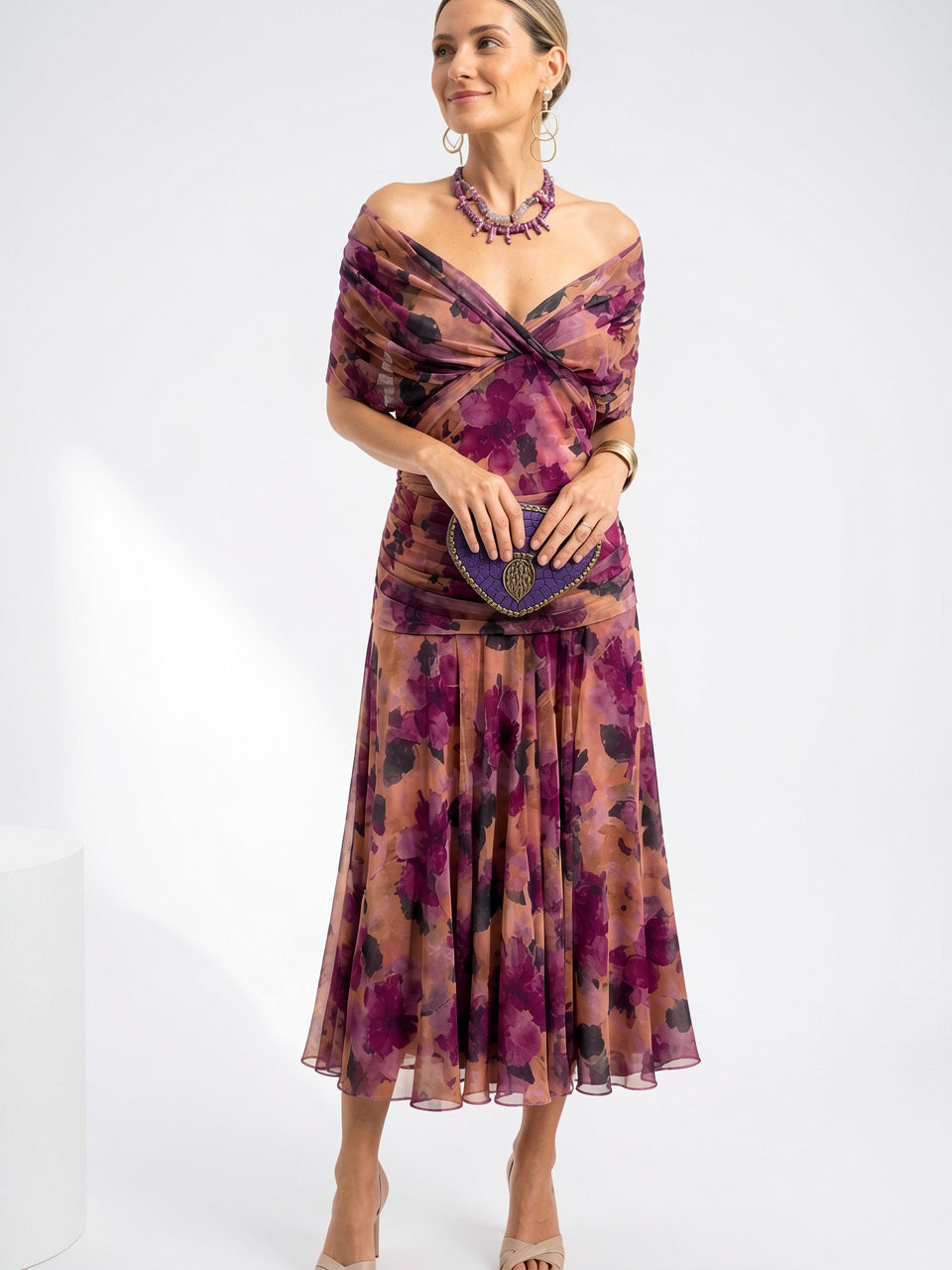 Femme Robe Longue Bardot Drapée Mousseline Soirée - Violet EU 32 / US 0 / UK 4