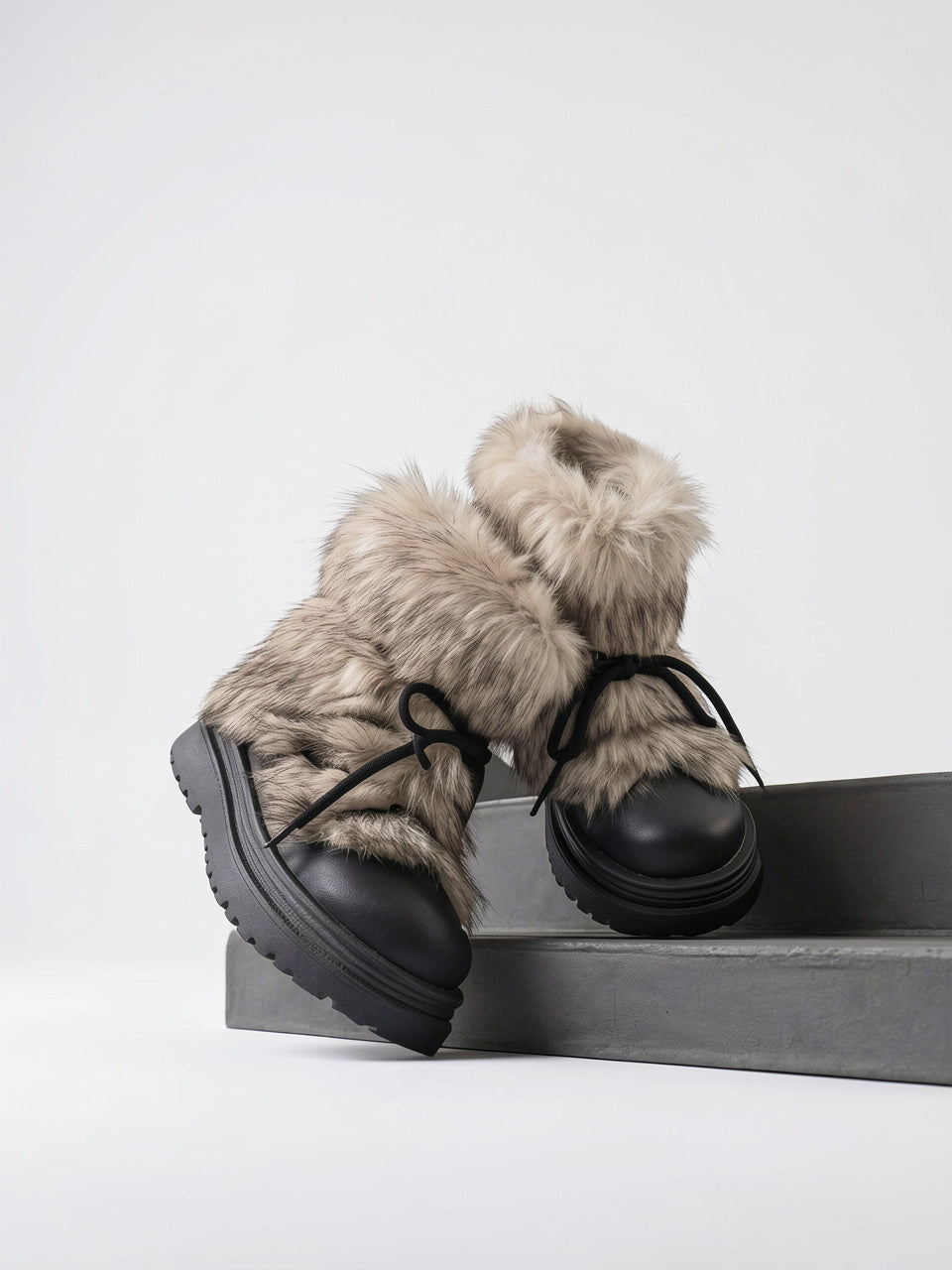 Fourrure Bottes Après-Ski Lacets Plateforme Femme - 3