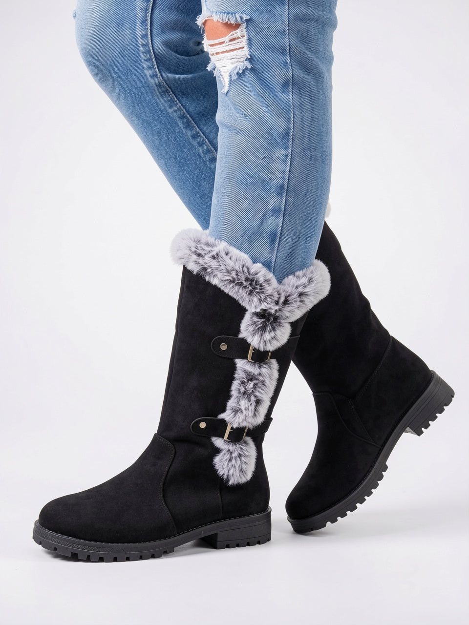 Fourrure Genou Hiver Neige Daim Femme Bottes Combat - 2