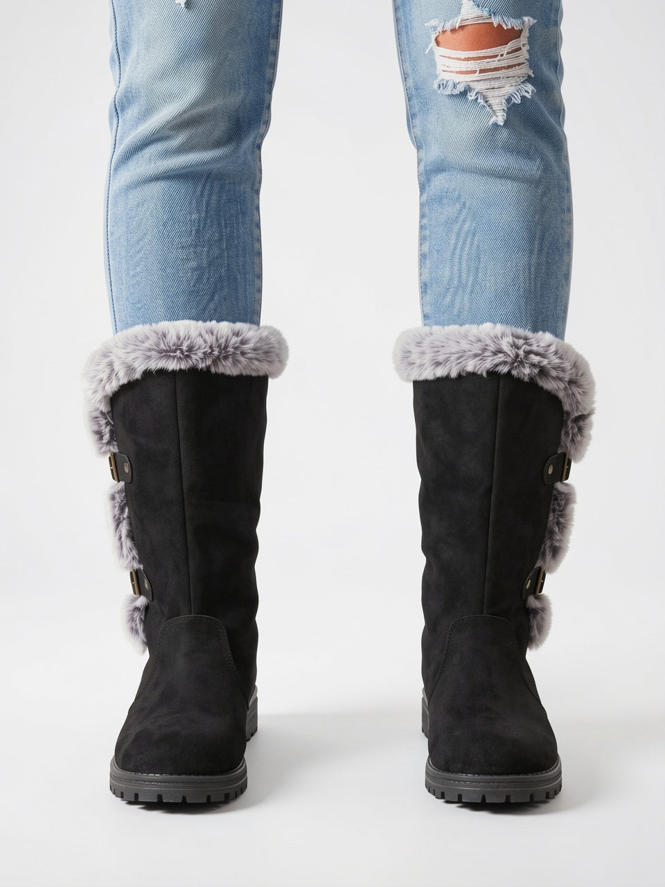 Fourrure Genou Hiver Neige Daim Femme Bottes Combat - 3