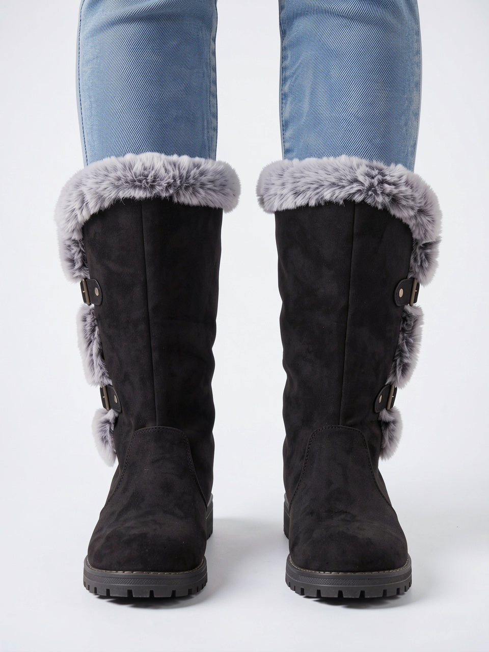 Fourrure Genou Hiver Neige Daim Femme Bottes Combat - 4