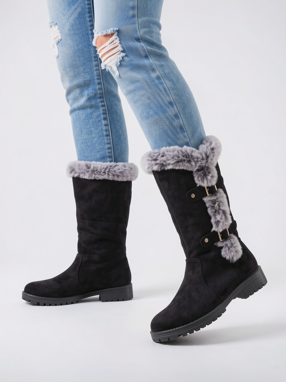 Fourrure Genou Hiver Neige Daim Femme Bottes Combat - 5