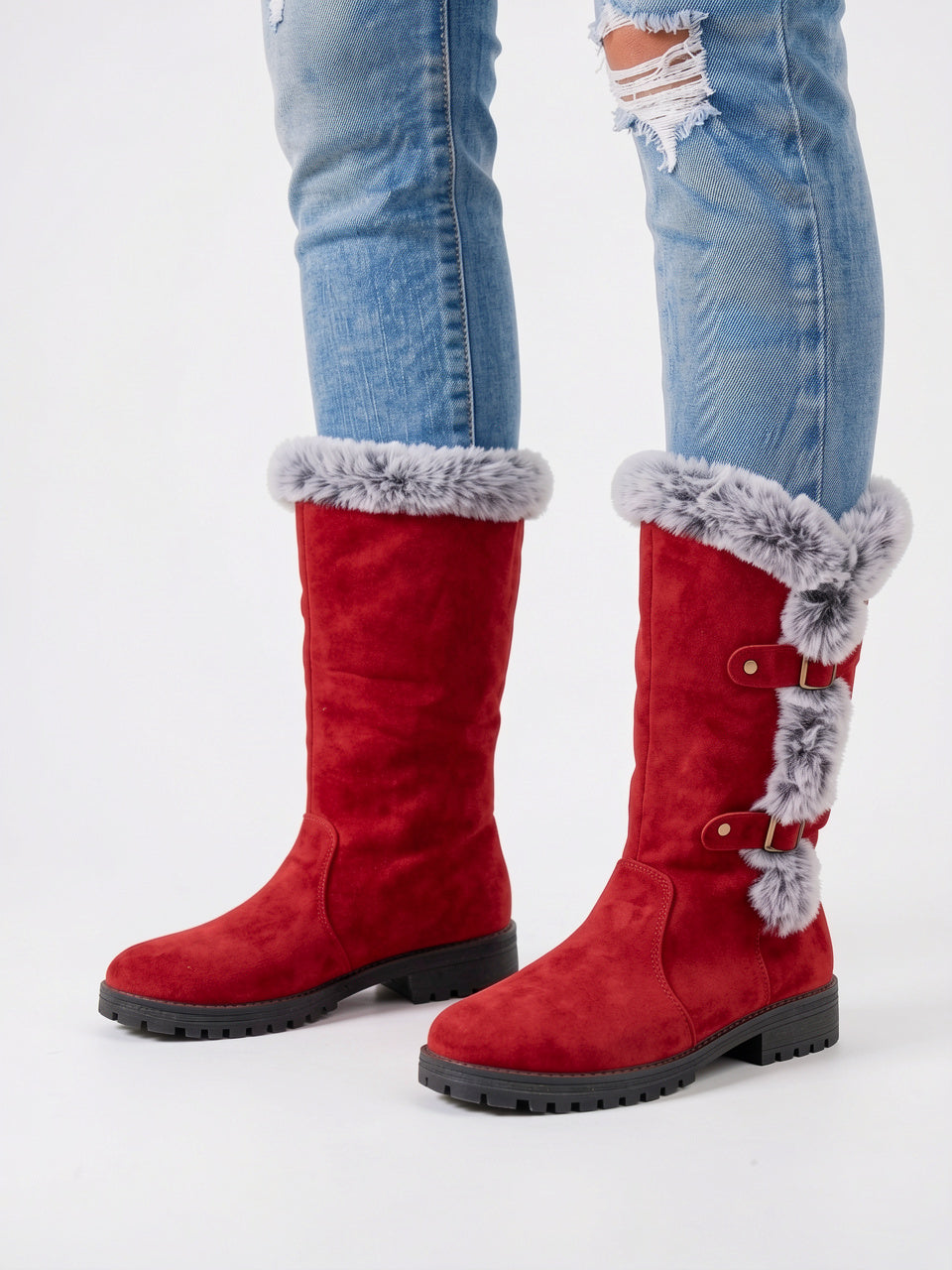 Fourrure Genou Hiver Neige Daim Femme Bottes Combat - Rouge EU 36 / US 5 / UK 3.5