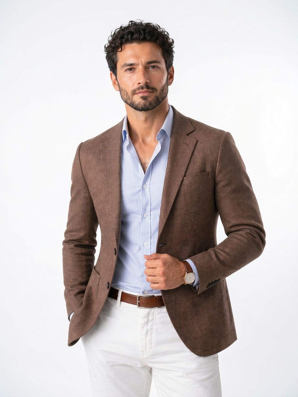 Homme Taillé Blazer Tricot Manches Longues Col V - Marron S
