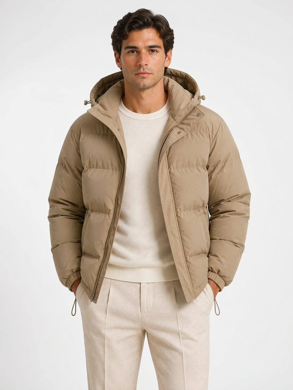 Homme Veste Doudoune Matelassée Capuche Chaude Manteau Hiver - Beige S