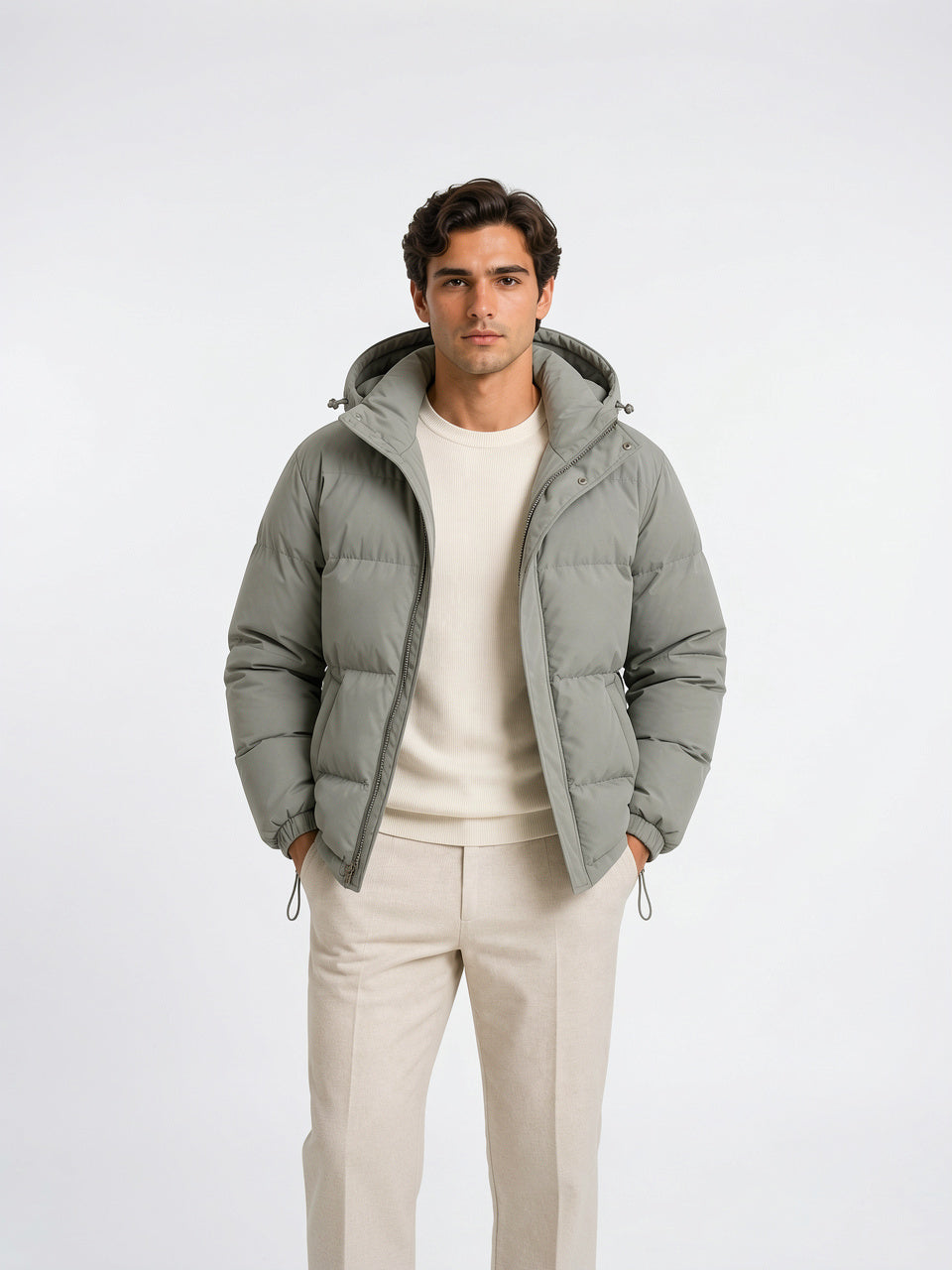 Homme Veste Doudoune Matelassée Capuche Chaude Manteau Hiver - Gris Clair S