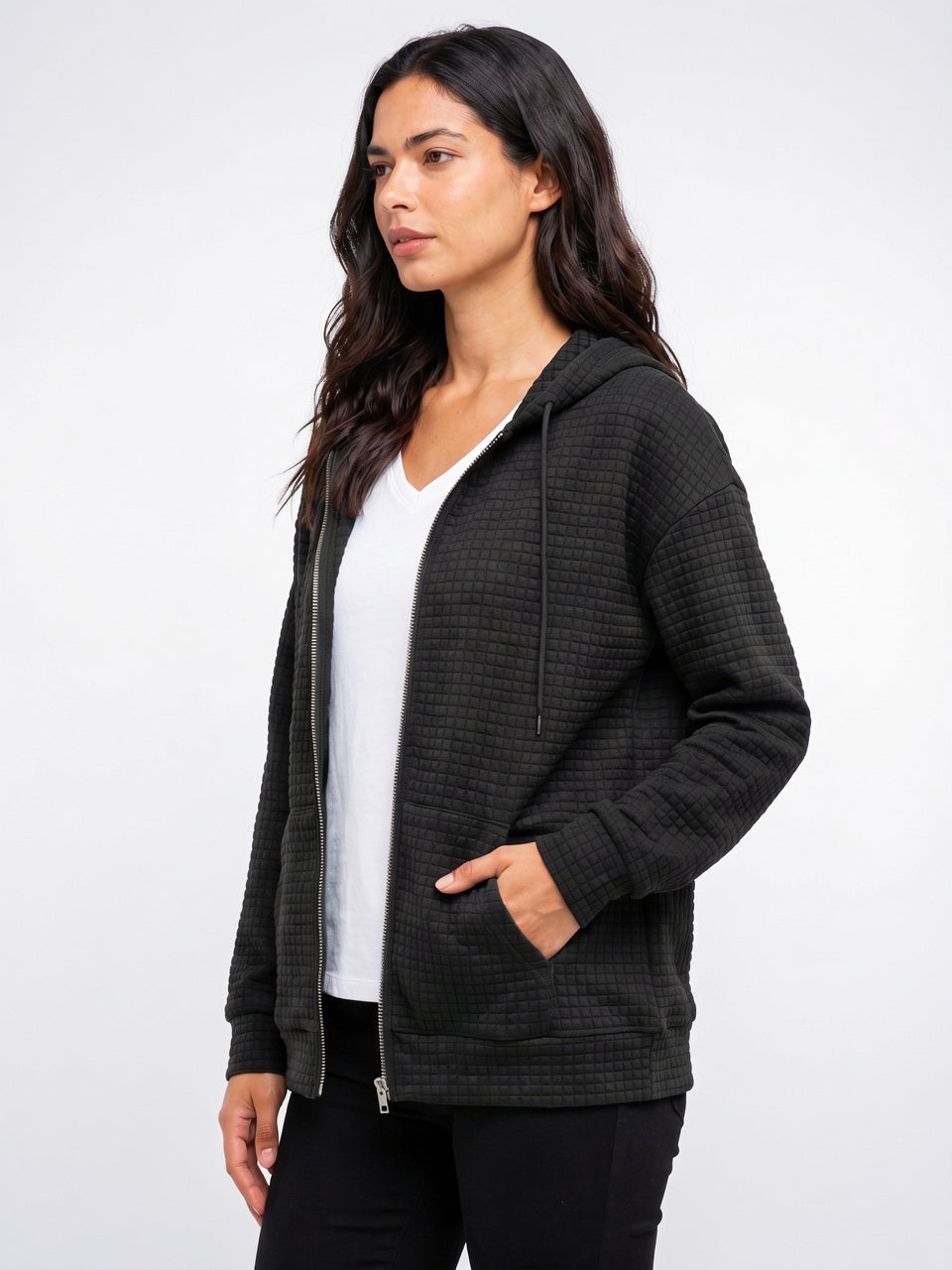 Hoodie Zippé Femme Texturé Capuche Sweat Oversize - 3