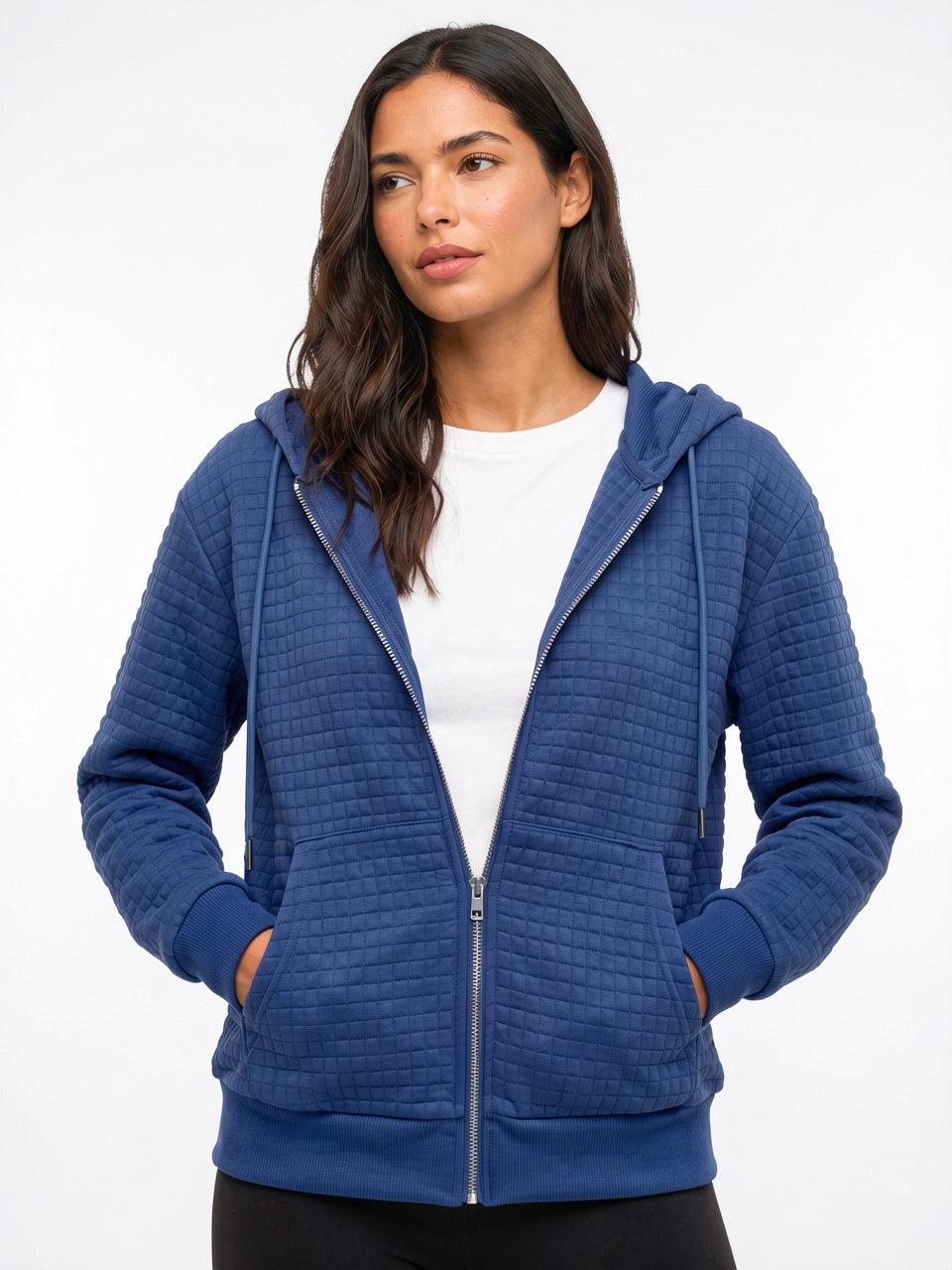 Hoodie Zippé Femme Texturé Capuche Sweat Oversize - Bleu S