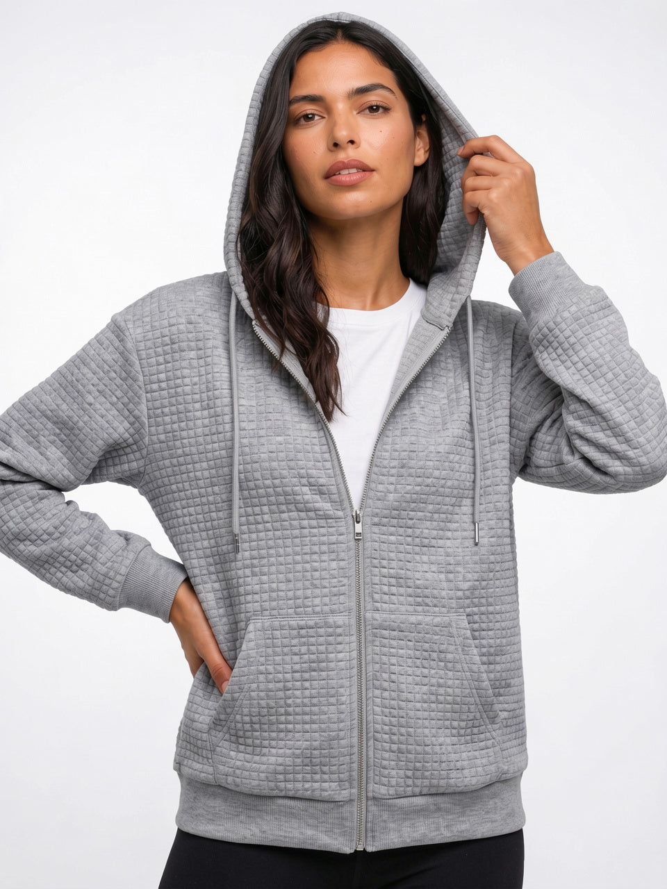 Hoodie Zippé Femme Texturé Capuche Sweat Oversize - Gris S