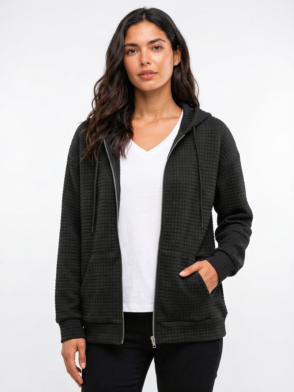 Hoodie Zippé Femme Texturé Capuche Sweat Oversize - Noir S