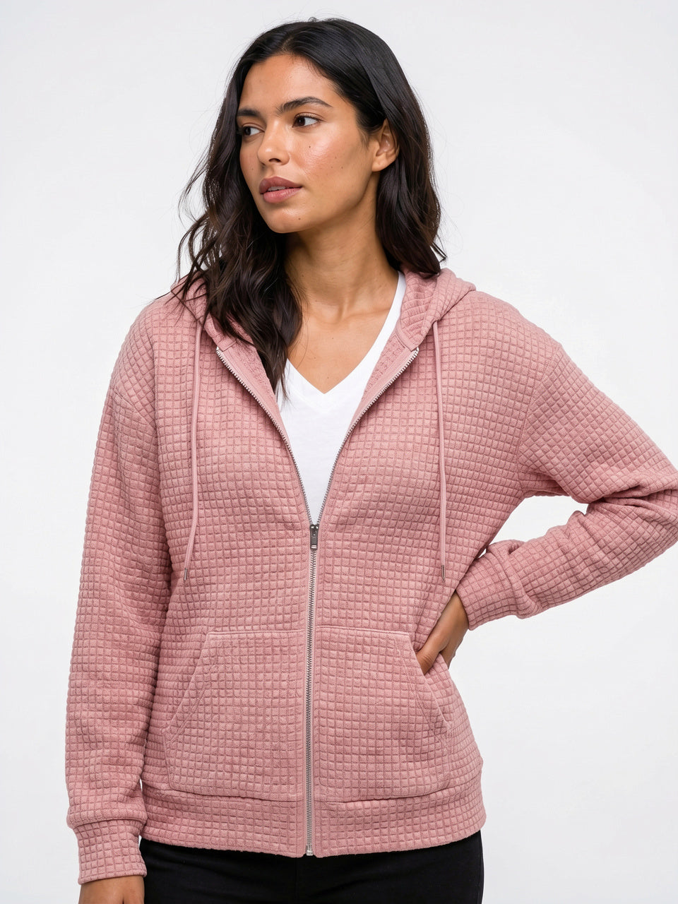 Hoodie Zippé Femme Texturé Capuche Sweat Oversize - Rose S
