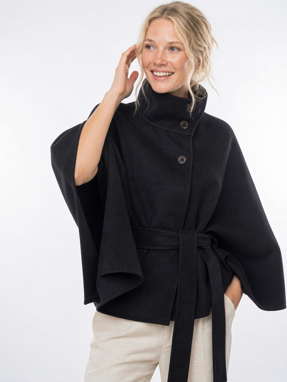 Manteau Cape Laine Mélangée Poncho Ceinture Court - 1