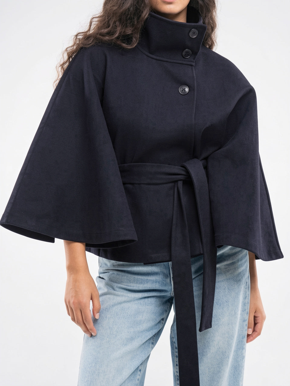 Manteau Cape Laine Mélangée Poncho Ceinture Court - 11