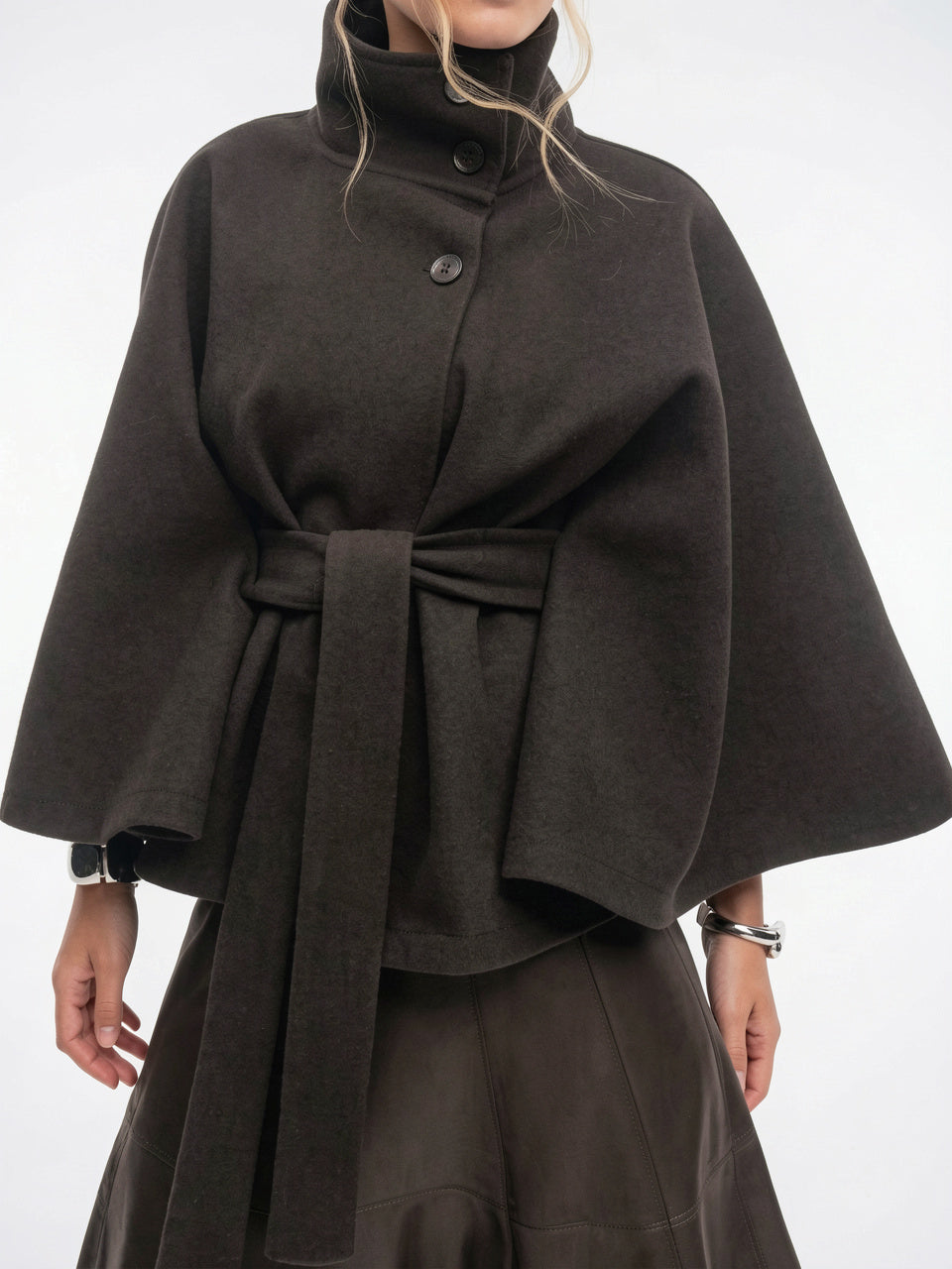 Manteau Cape Laine Mélangée Poncho Ceinture Court - 12