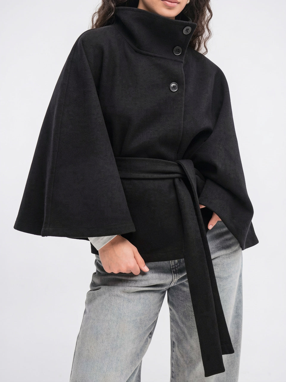 Manteau Cape Laine Mélangée Poncho Ceinture Court - 13