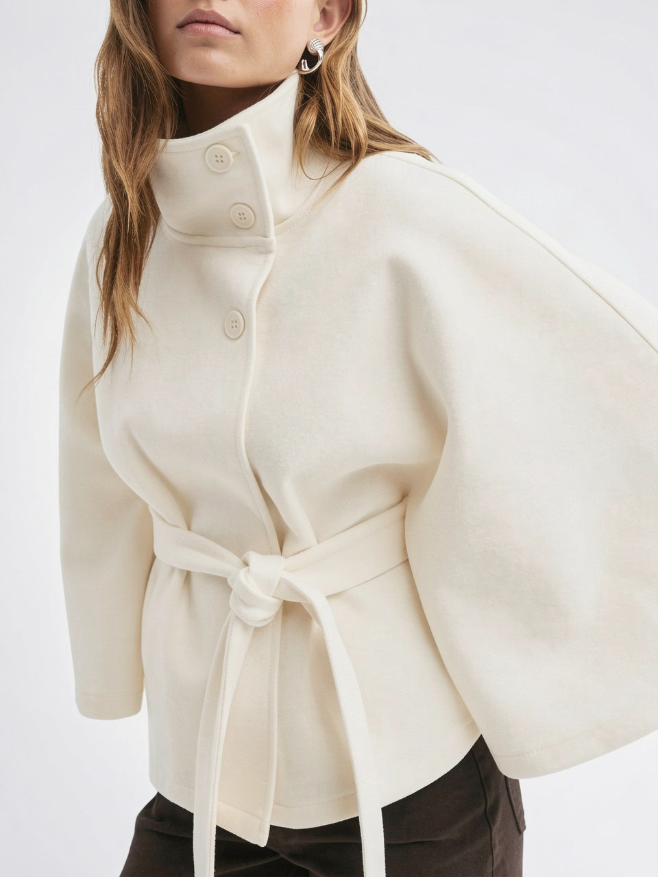 Manteau Cape Laine Mélangée Poncho Ceinture Court - 14