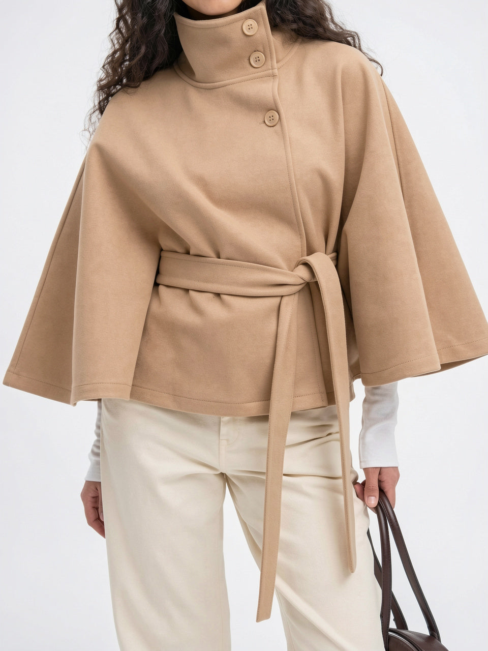 Manteau Cape Laine Mélangée Poncho Ceinture Court - 15