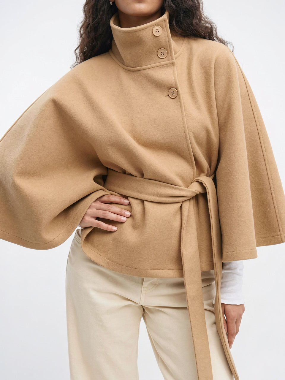 Manteau Cape Laine Mélangée Poncho Ceinture Court - 17