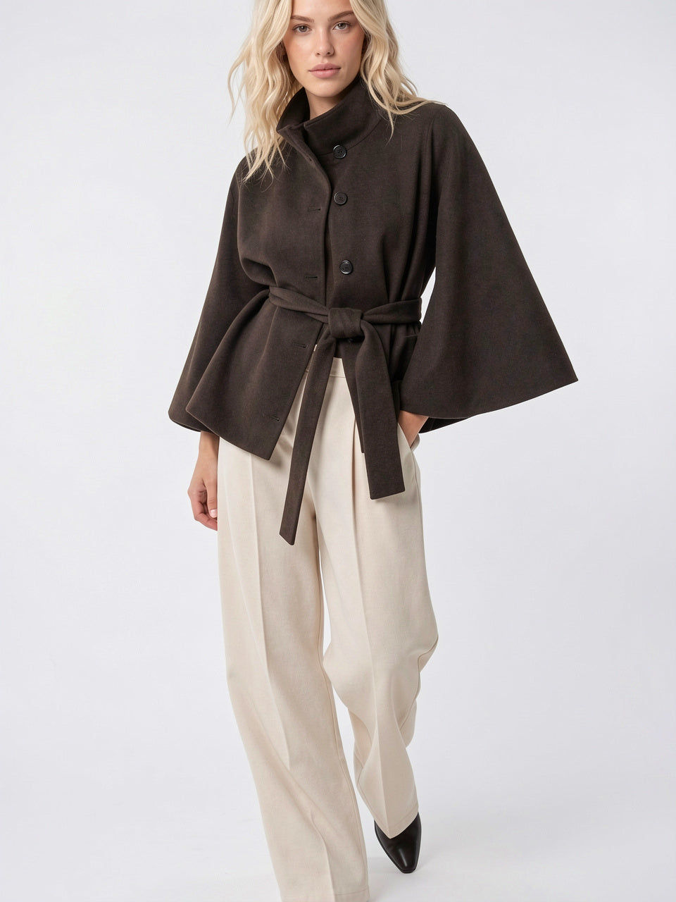 Manteau Cape Laine Mélangée Poncho Ceinture Court - 3