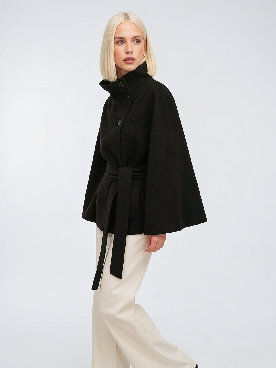 Manteau Cape Laine Mélangée Poncho Ceinture Court - 5