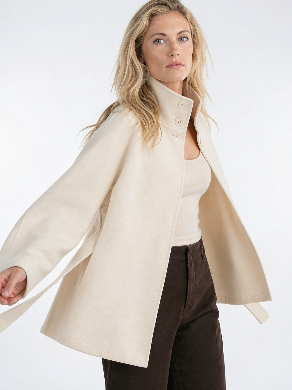 Manteau Cape Laine Mélangée Poncho Ceinture Court - 7