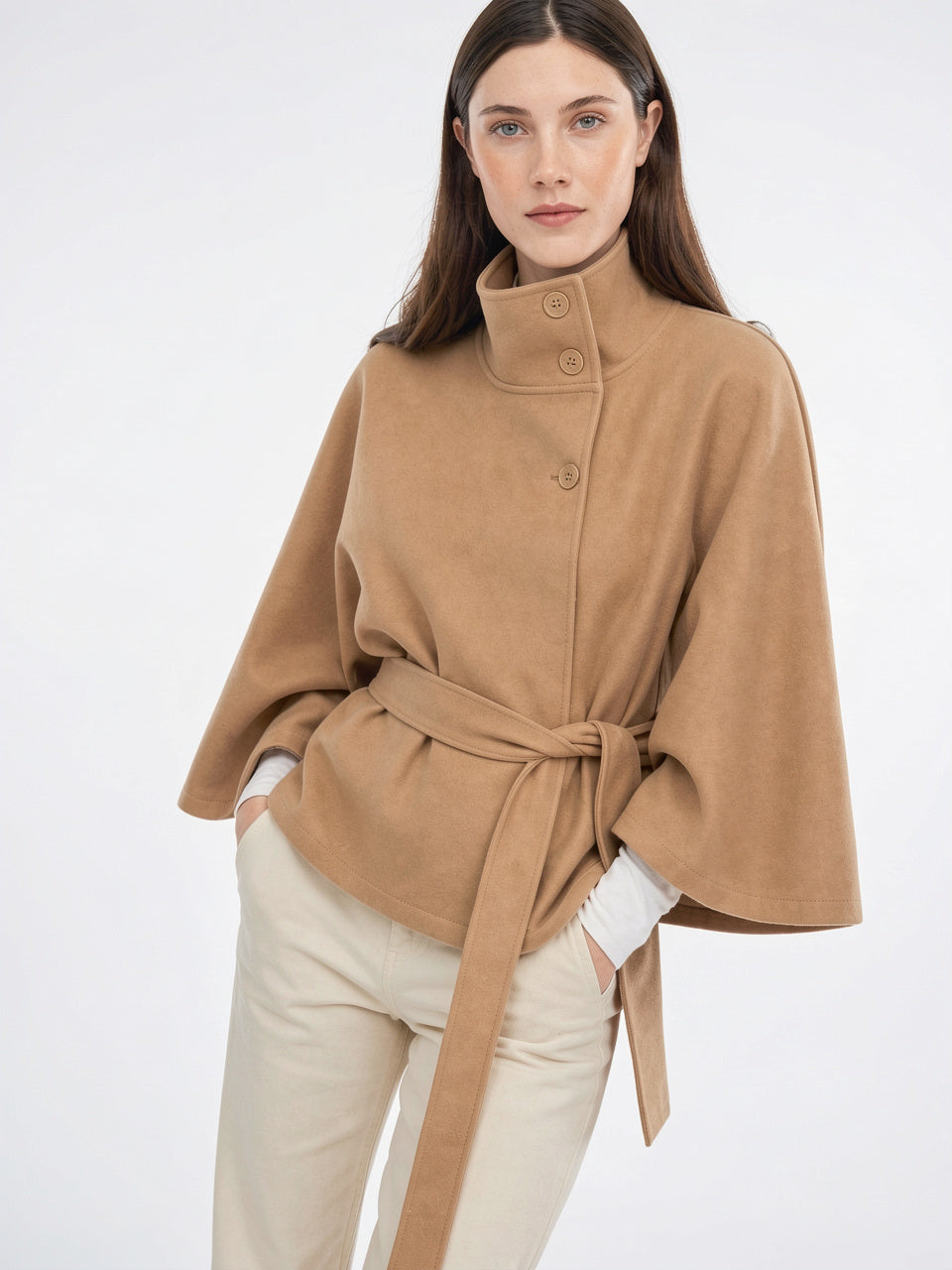 Manteau Cape Laine Mélangée Poncho Ceinture Court - 9