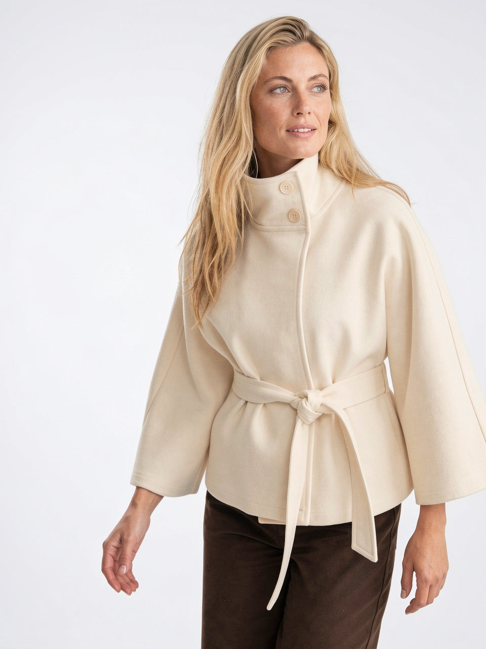 Manteau Cape Laine Mélangée Poncho Ceinture Court - Blanc S