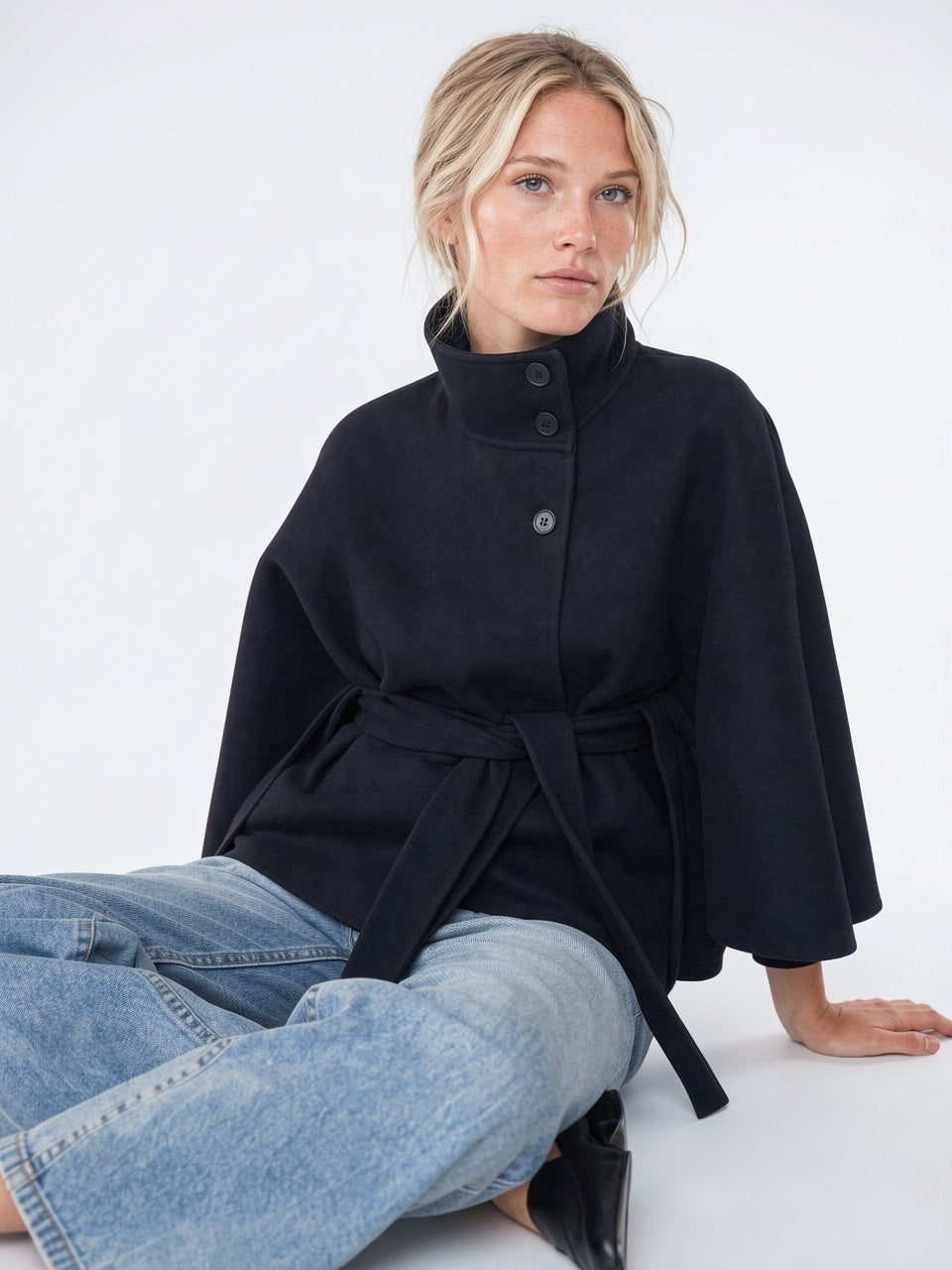 Manteau Cape Laine Mélangée Poncho Ceinture Court - Bleu Marine S