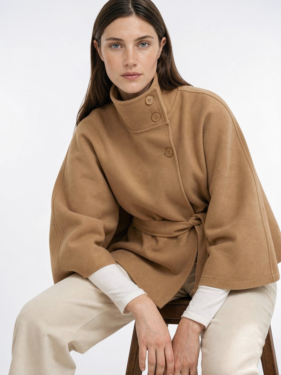 Manteau Cape Laine Mélangée Poncho Ceinture Court - Kaki S