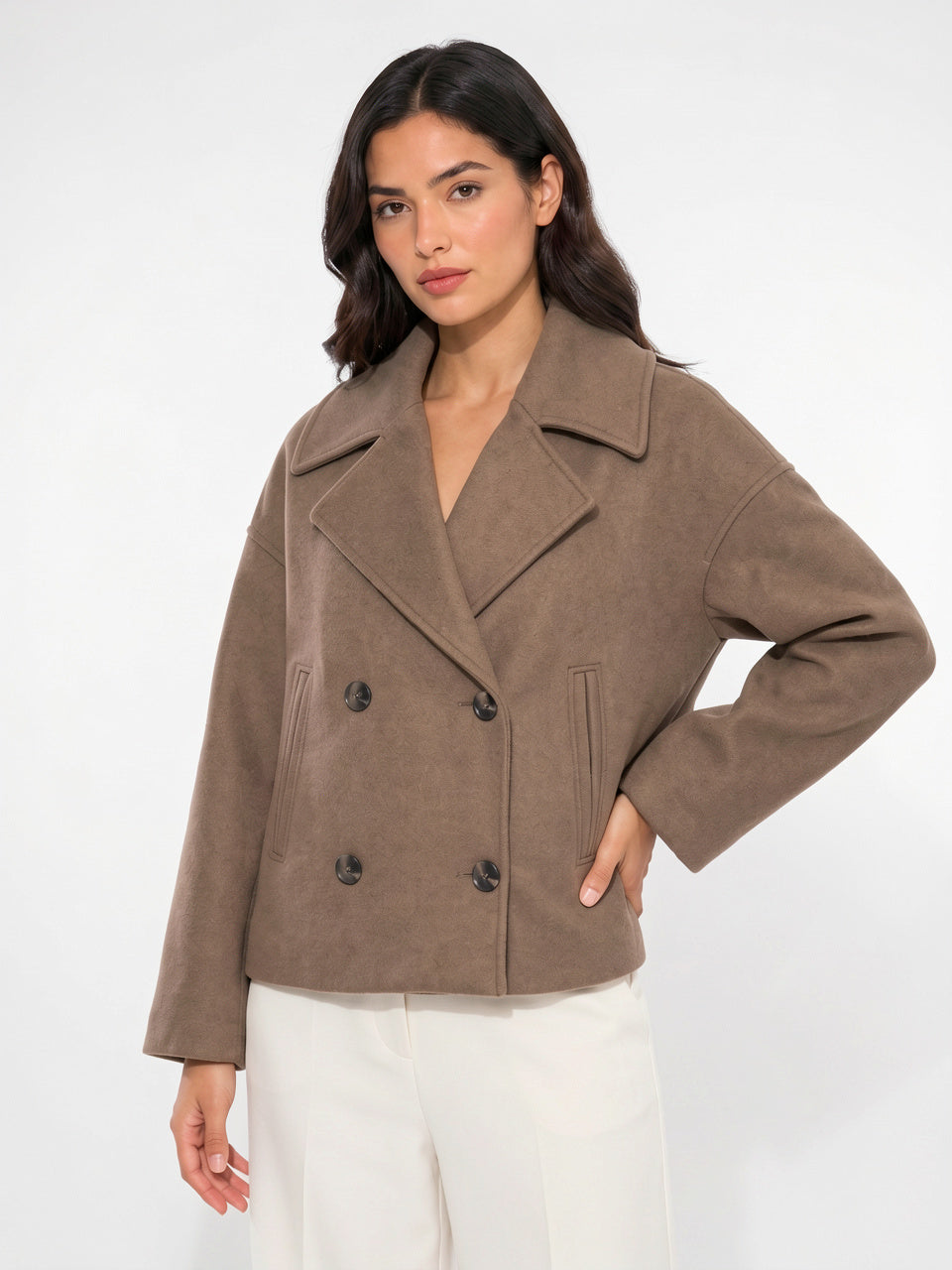 Manteau Court Femme Croisé Col Révers Hiver - Marron XS
