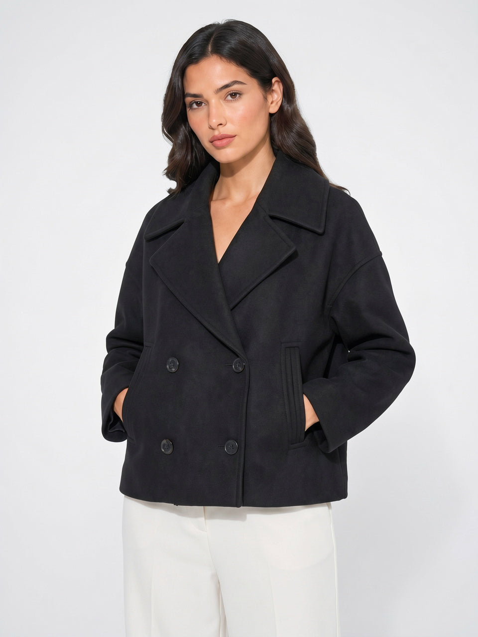 Manteau Court Femme Croisé Col Révers Hiver - Noir XS