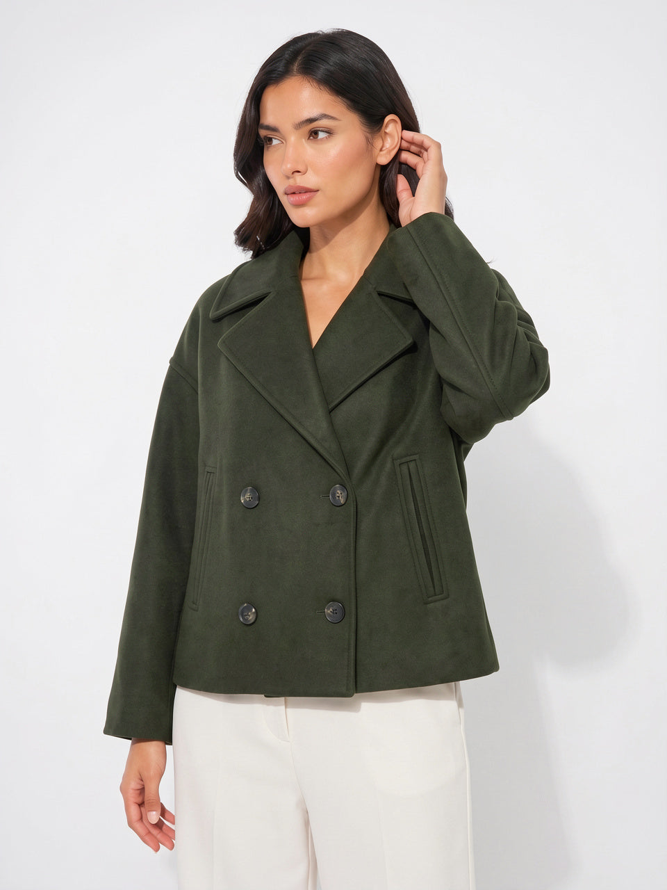 Manteau Court Femme Croisé Col Révers Hiver - Vert XS