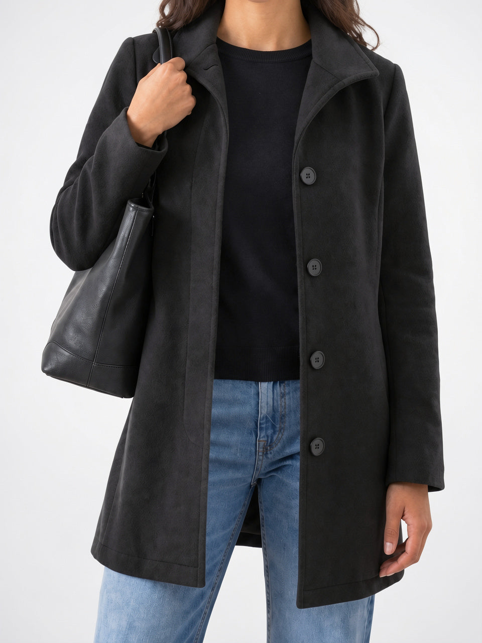Manteau Laine Femme Coupe Droite Veste - Noir XS