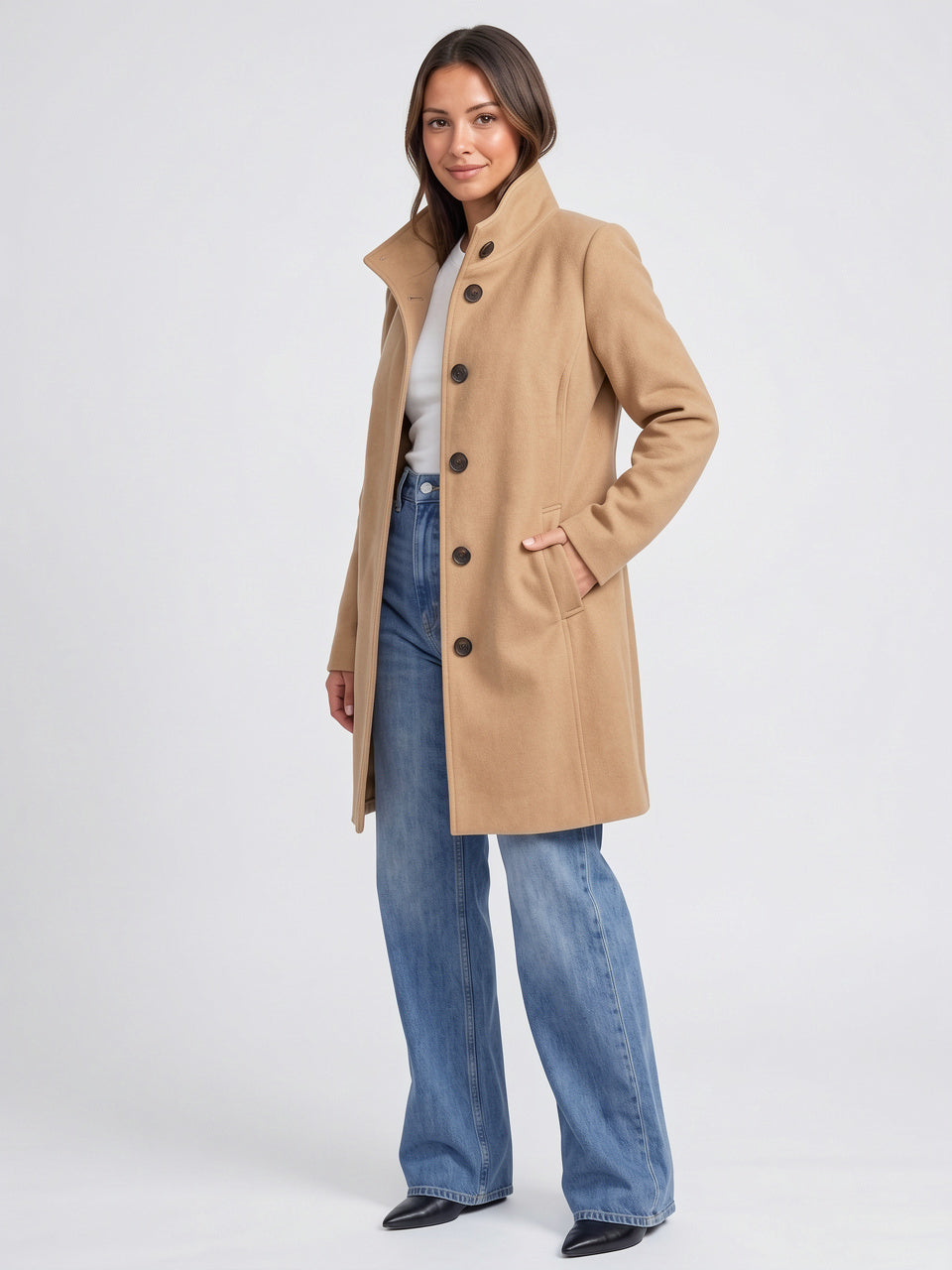 Manteau Laine Long Femme Col Montant Trench Hiver - 2